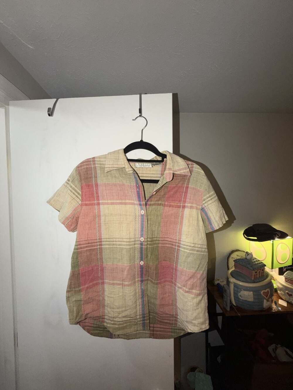 Lemon Grass Petite 100% Cotton Pastel Plaid Short Sleeve Button Down Shirt